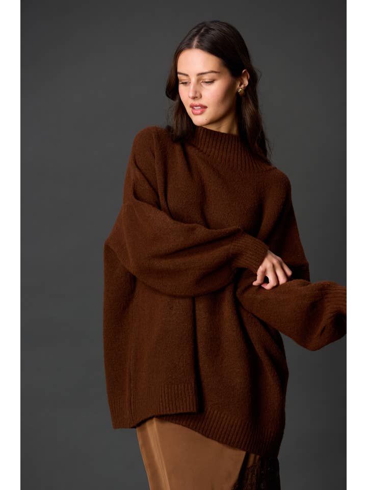 Maroon Knit Ribbed Funnel Neck Oversized Pullover for wholesale on Faire6