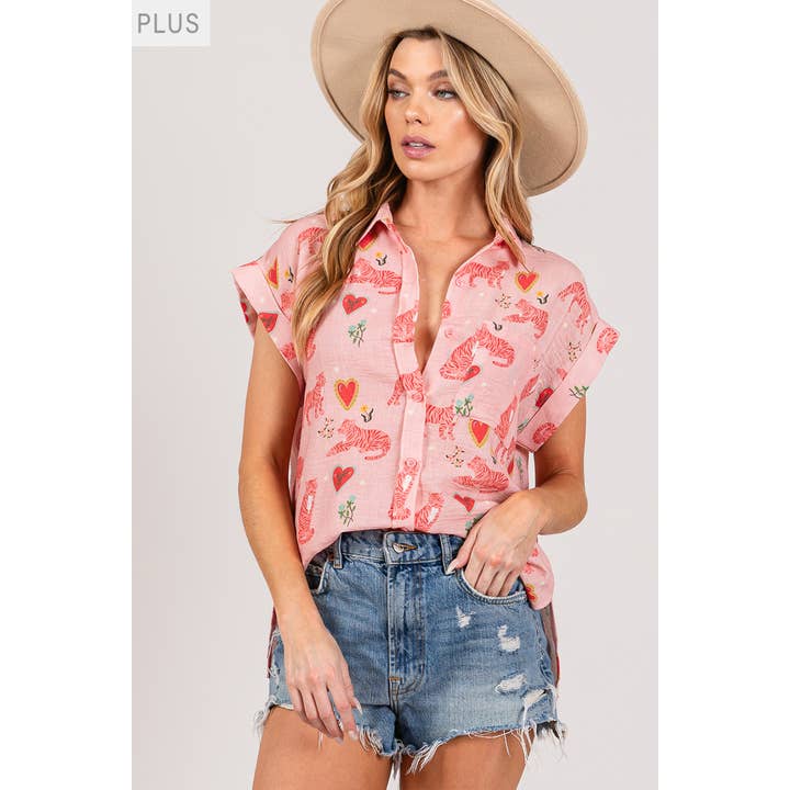 MULTI TIGER PRINT BUTTON DOWN SHIRT (ST7012X) for wholesale by Sage + Fig