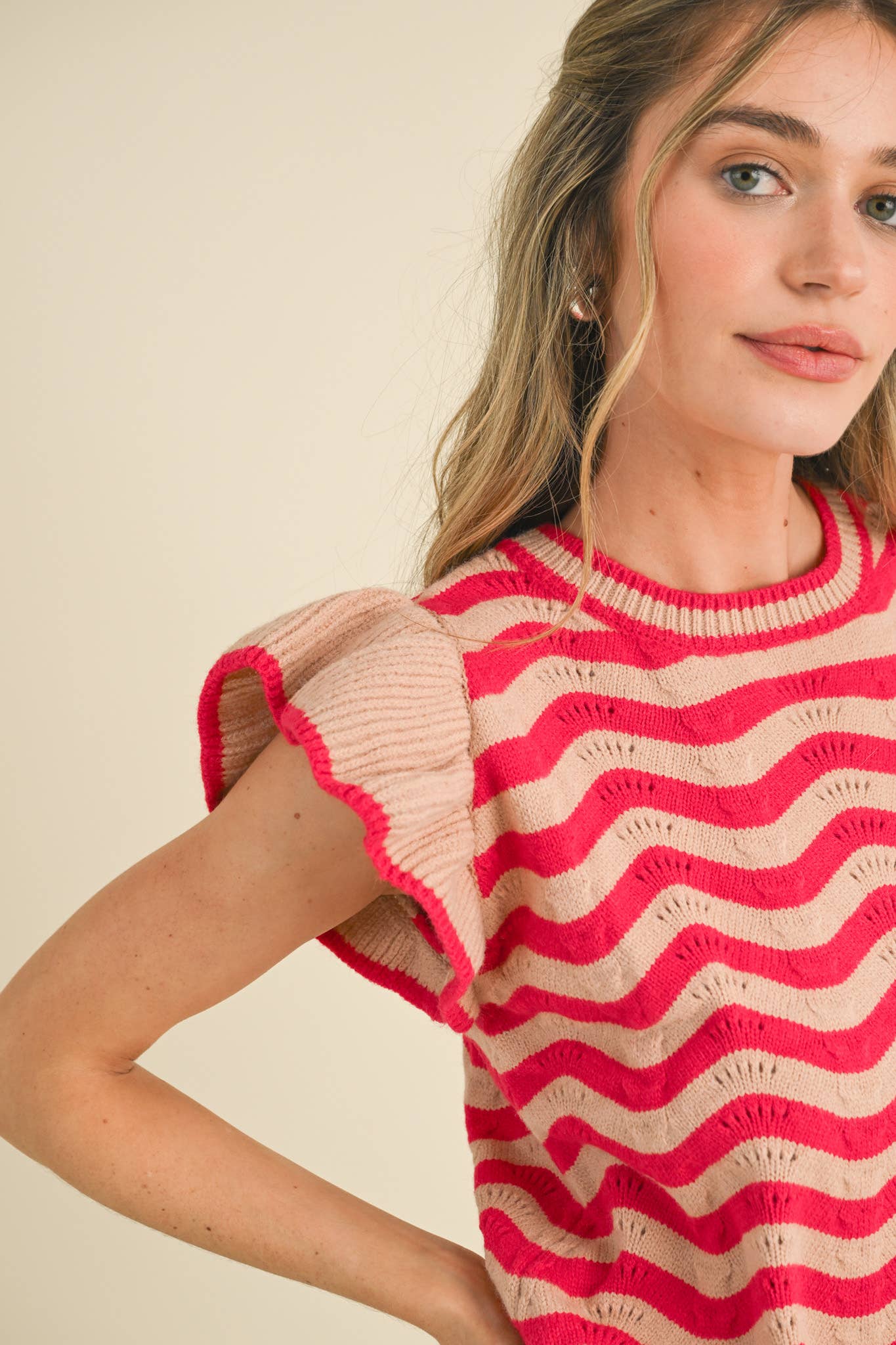 &MERCI - Wholesale Knit Sweater - Women's - WAVY STRIPES FLUTTER SLEEVE SWEATER TOP MSW1050916