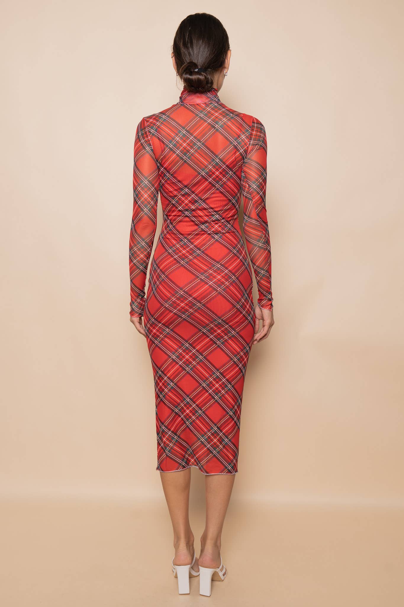 TURTLE NECK RED PLAID MESH MIDI DRESS-DD6293GFO for wholesale on Faire4