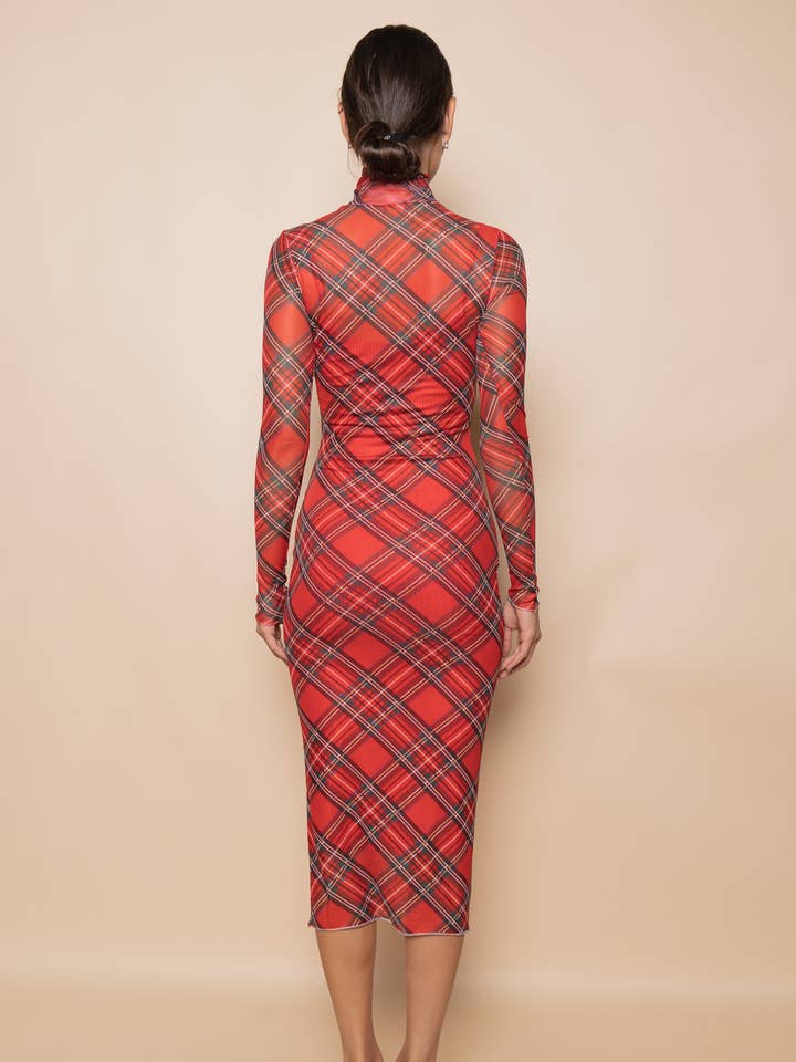 TURTLE NECK RED PLAID MESH MIDI DRESS-DD6293GFO for wholesale on Faire4