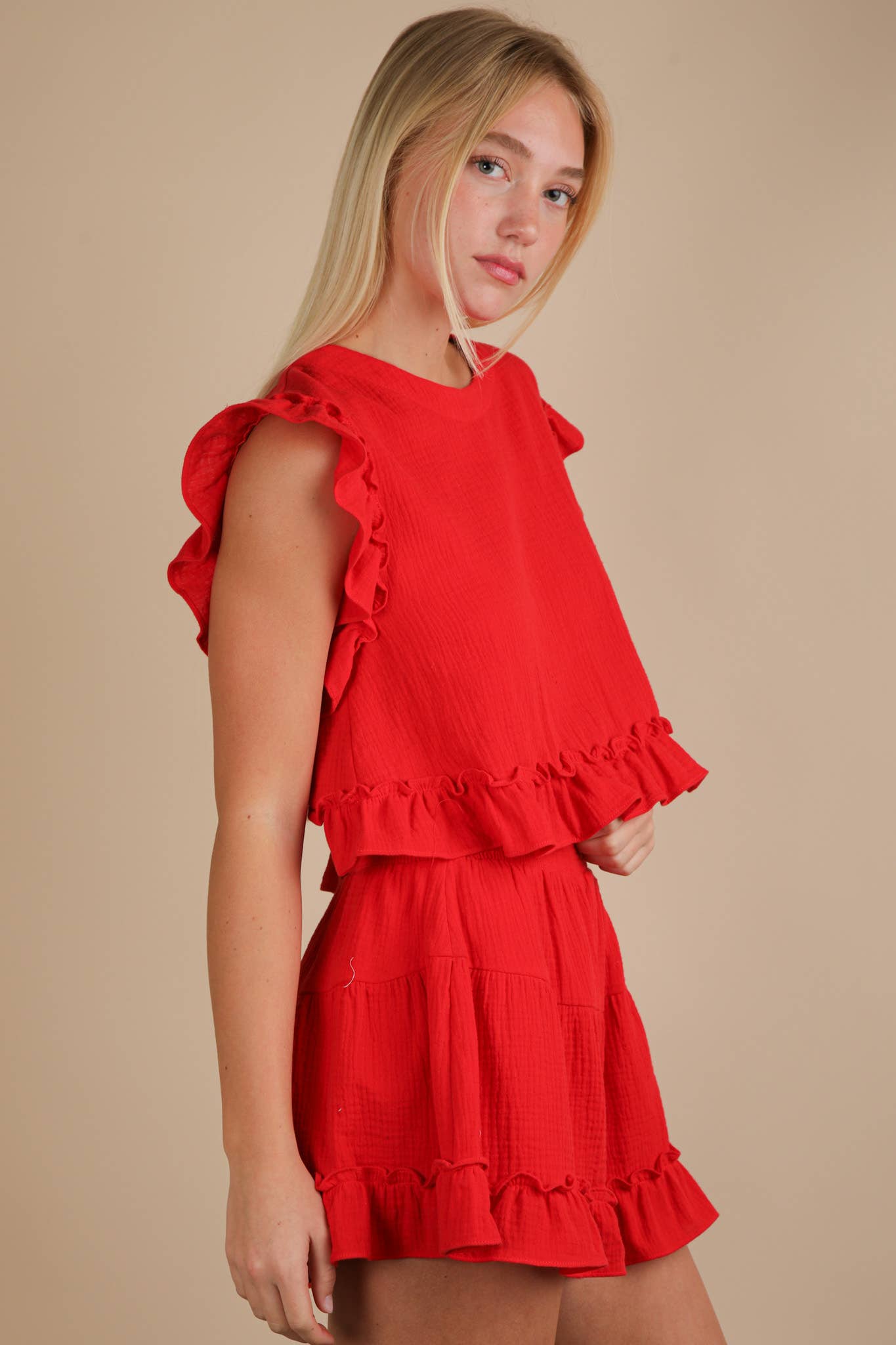 VERY J - Wholesale Top & Short Set (NOT Loungewear) - Women's - NT12150SET-Ruffled Solid Woven Top & Shorts Set12