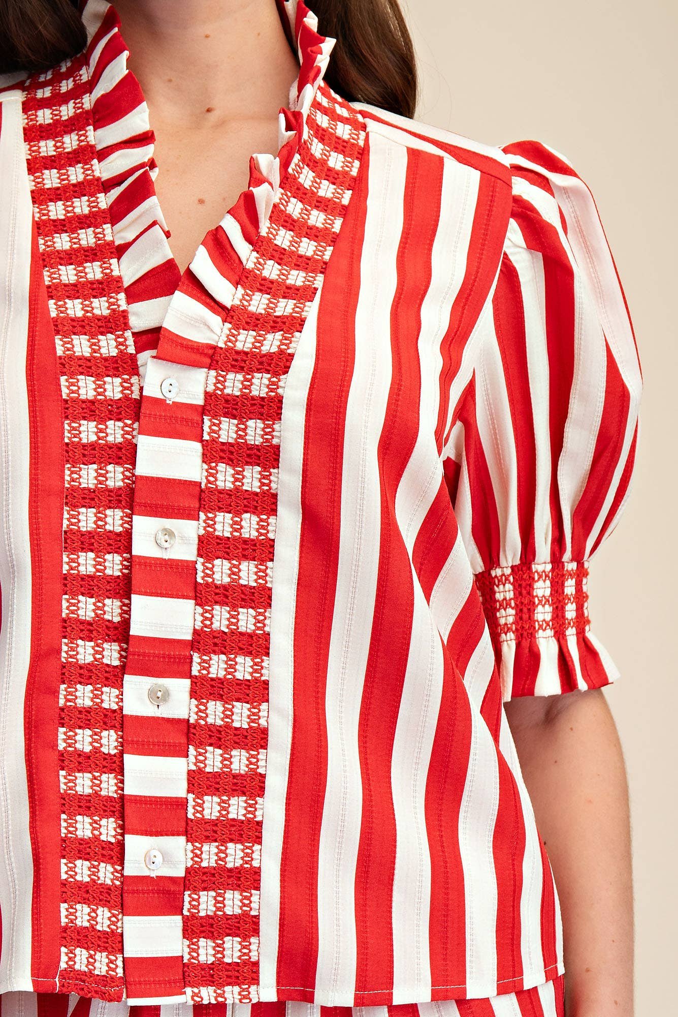 Glam - Wholesale Blouse - Women's - Ruffle V-Neck Smocked Puff Sleeve Blouse6