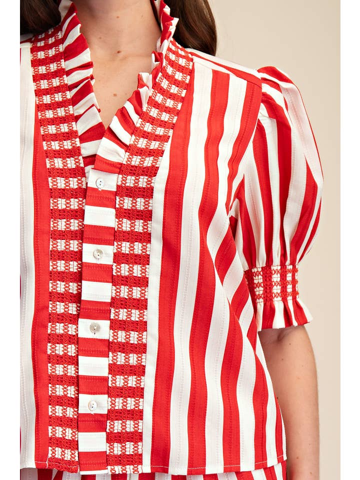 Glam - Wholesale Blouse - Women's - Ruffle V-Neck Smocked Puff Sleeve Blouse6