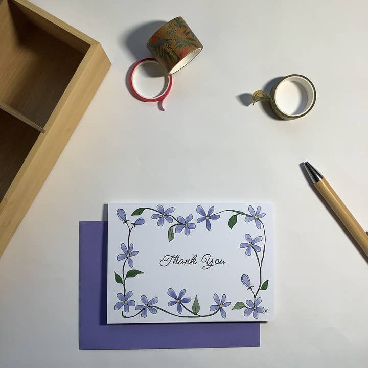 Botanical periwinkle thank you card for wholesale by Little Red Fox Designs