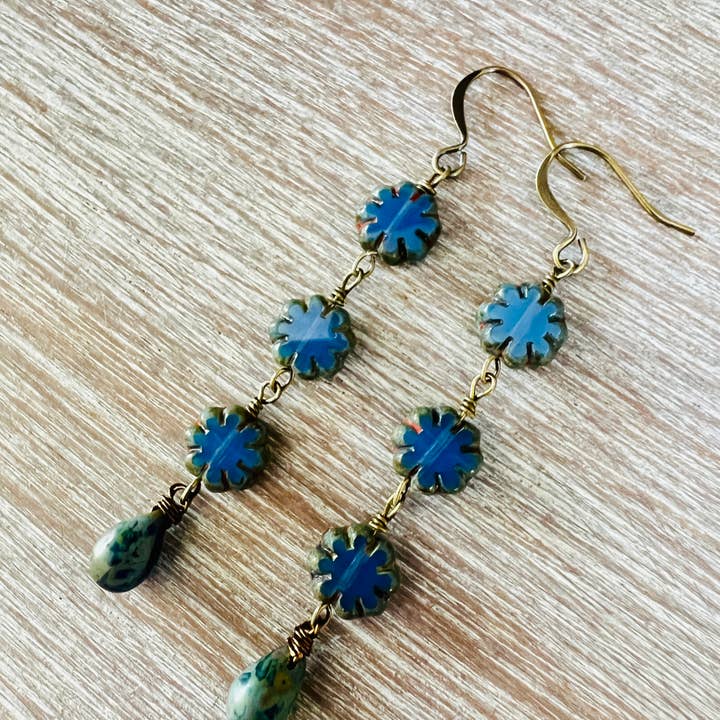French Blue Triple Flower Drop Earrings for wholesale by Twist Style