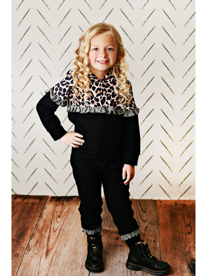 Adorable Sweetness - Wholesale Lounge Set - Kids - Kids Black Leopard Ruffle Hooded Sweatshirt Lounge Set