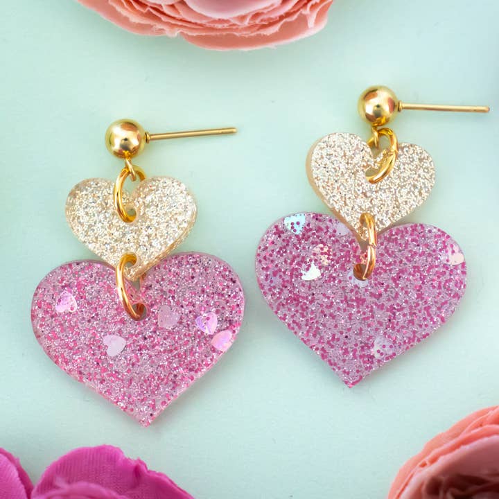 Valentines Heart Earrings Glitter Stacked Dangles for wholesale by Momenti di Vita