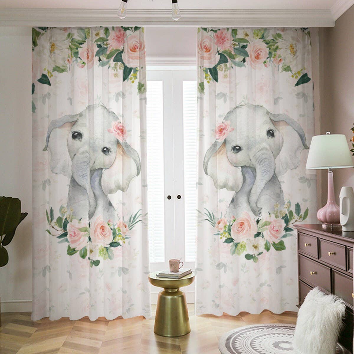 Empowering Decor – Cortina por atacado – Cortinas Opacas com Elefante e Flores em Tons de Blush1