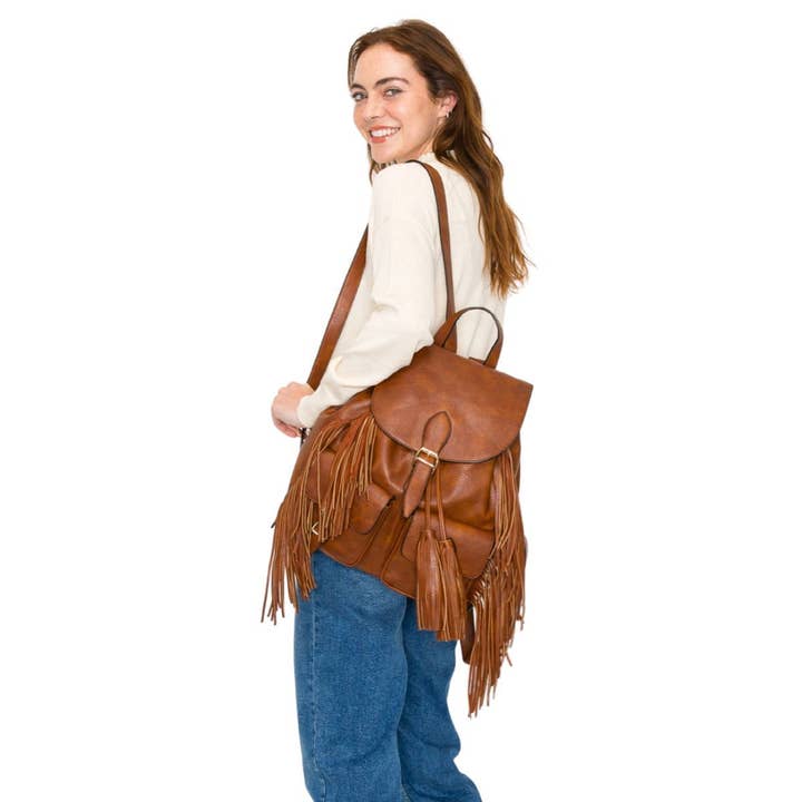 Backpack Brown Leather Fringe Bag for Women for wholesale on Faire1