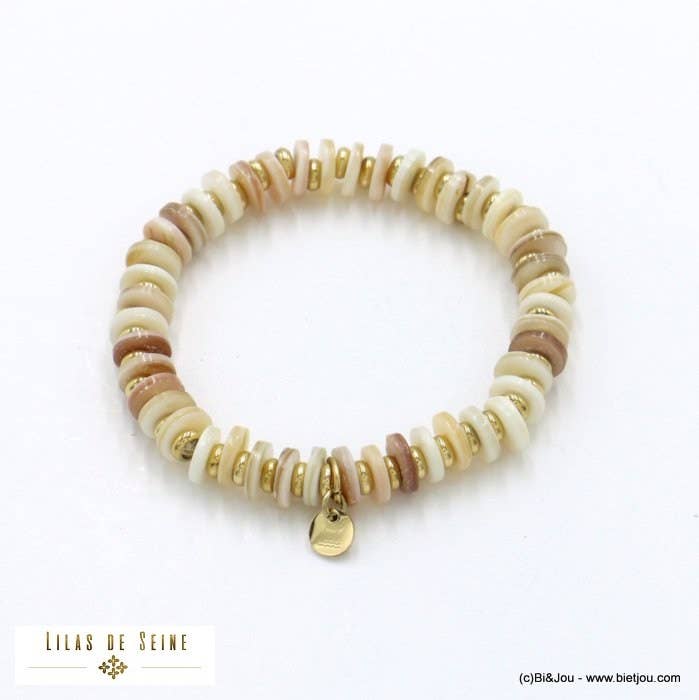 Lilas de Seine – Engroshandel Perlearmbånd – Elastisk beach surfer-armbånd med farvede naturlige perlemorringe og rustfrit stål 02221333