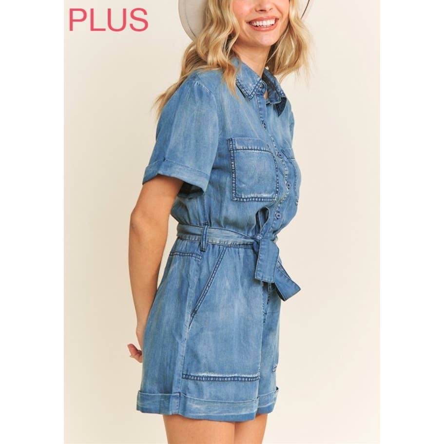 M.DENIM 9377X Plus Size Vasket Tencel Denim Krave Knap-Op Romper for engroshandel på Faire14