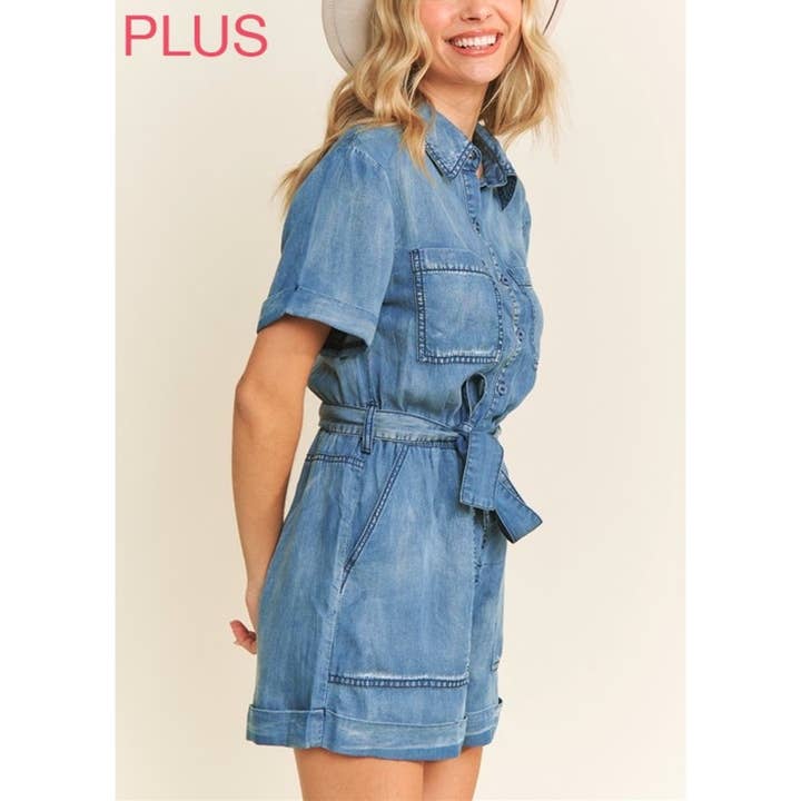 M.DENIM 9377X Plus Size Vasket Tencel Denim Krave Knap-Op Romper for engroshandel på Faire14