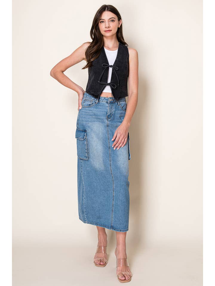 Faded Black Washed Denim Vest With Front Bow Ties for wholesale on Faire