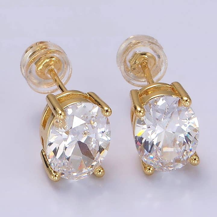 14K Gold Filled 9mm Clear CZ Oval Stud Earrings | V-188 for wholesale by Aim Eternal