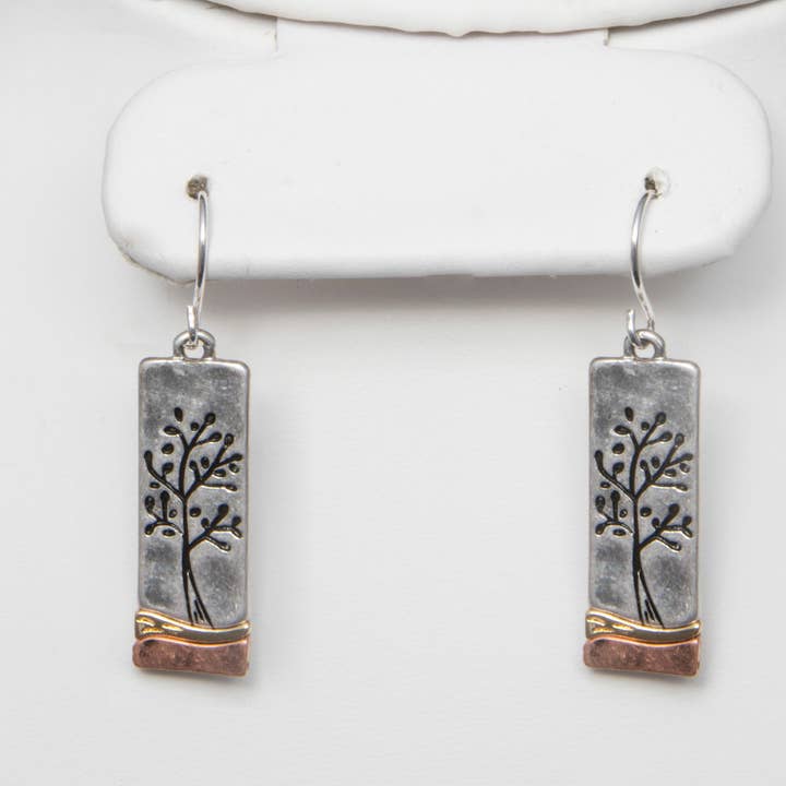 Rectangle Tree of Life Earrings - Silver for wholesale by Peaceful Village Inc.
