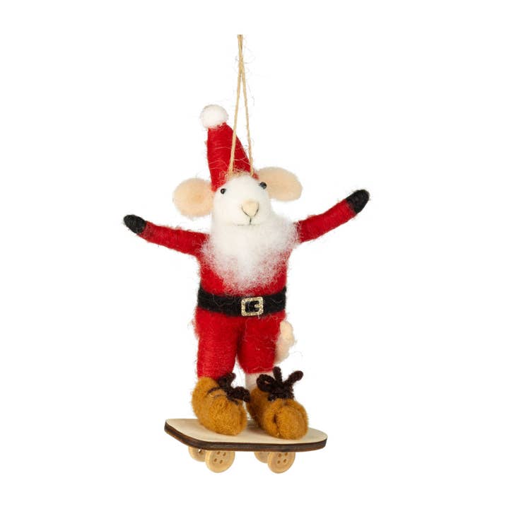 A13520: Flt mouse orn,Santa mouse,snwbrd,rd Santa suit,5.5in for wholesale by Silver Tree Home & Holiday