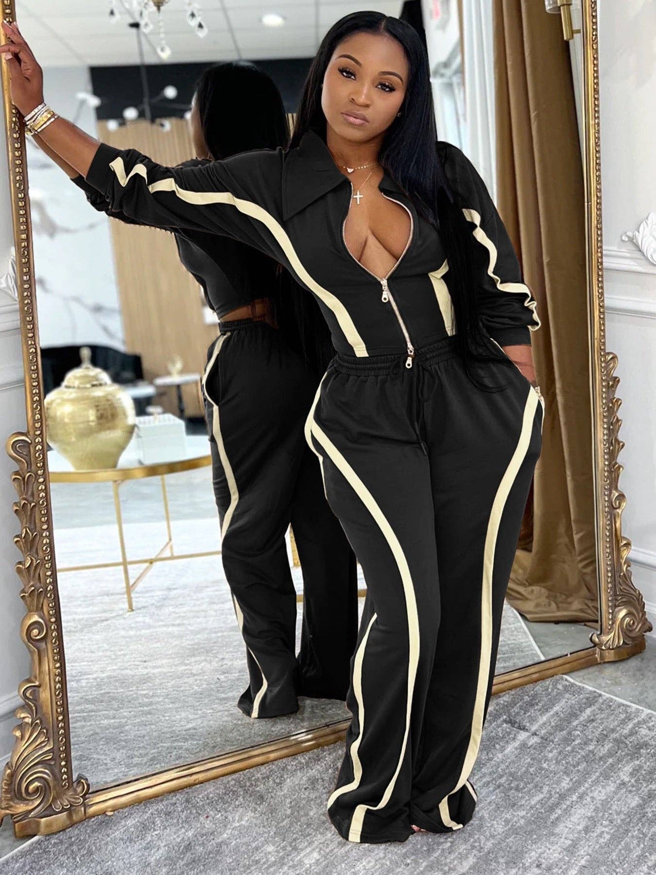 MB Fashion Wholesale - Wholesale Lounge Set - Women's - MB FASHION Zip-Up Contrast Stripe Two-Piece Lounge Set 503912