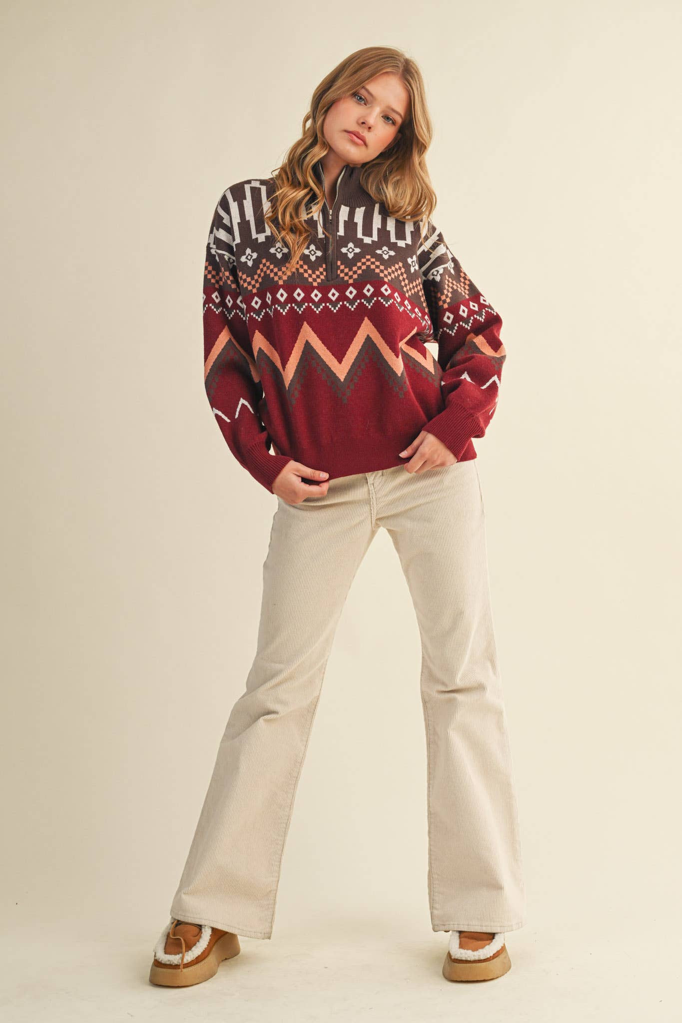 Burgundy Multi GEOMETRIC KNIT MOCK NECK HALF ZIP PULLOVER SWEATER MSW10885 for wholesale on Faire10