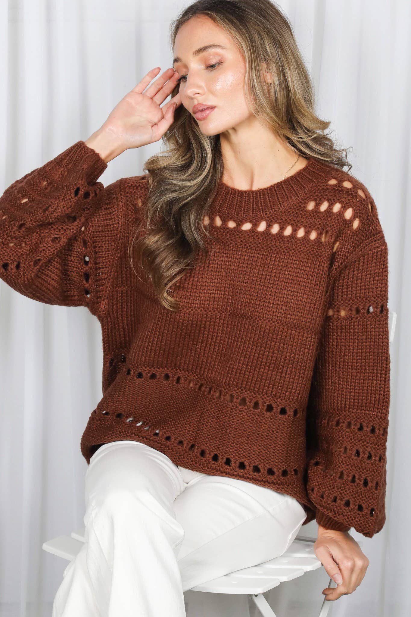 Vine & Love - Vente Pull en maille – femme - Pull en crochet à col rond et manches ballon en tricot ouvert VT517032