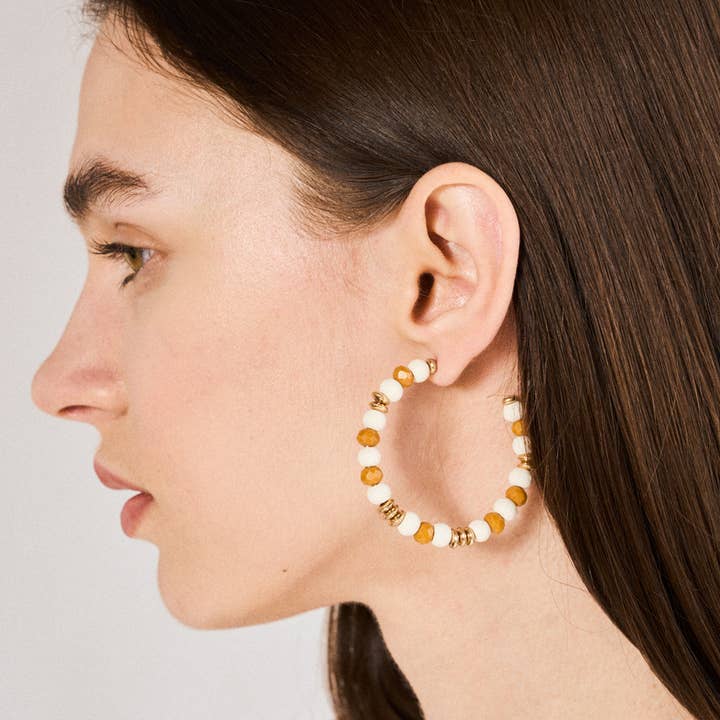 HOOP EARRINGS W/ BEADS OFF-WHITE/ORANGE - N63 for wholesale by NALI'