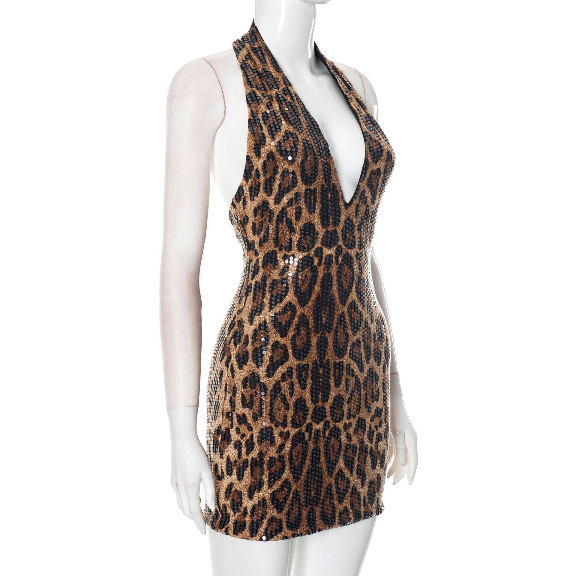 BELLISSIMA FASHION - Wholesale Dress - Women's - Leopard Print Halterneck Backless Bodycon Mini Dress(C)1