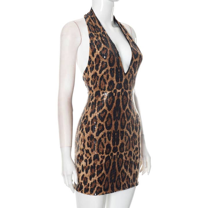 BELLISSIMA FASHION - Wholesale Dress - Women's - Leopard Print Halterneck Backless Bodycon Mini Dress(C)1