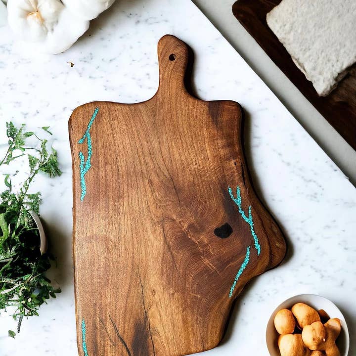 Skærebræt af mesquite indlagt med naturlig turkis for engroshandel hos Bosqueinlay@gmail.com