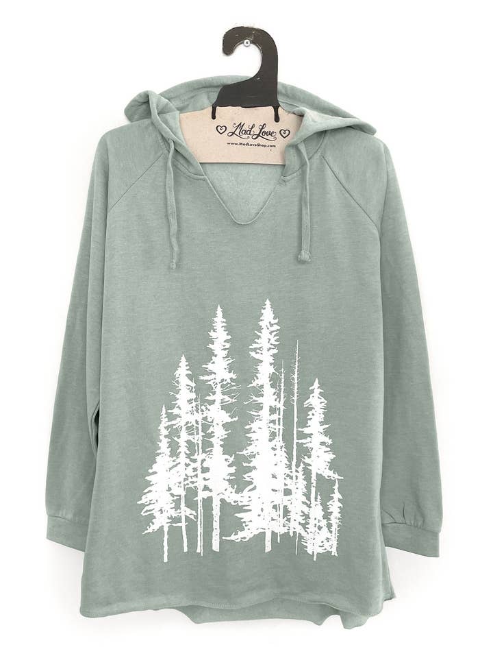 Mad Love Shop - Wholesale Hoodie - Women's - Sage Green Fleece V-Notch Beach Pullover Hood w/ Evergreens6