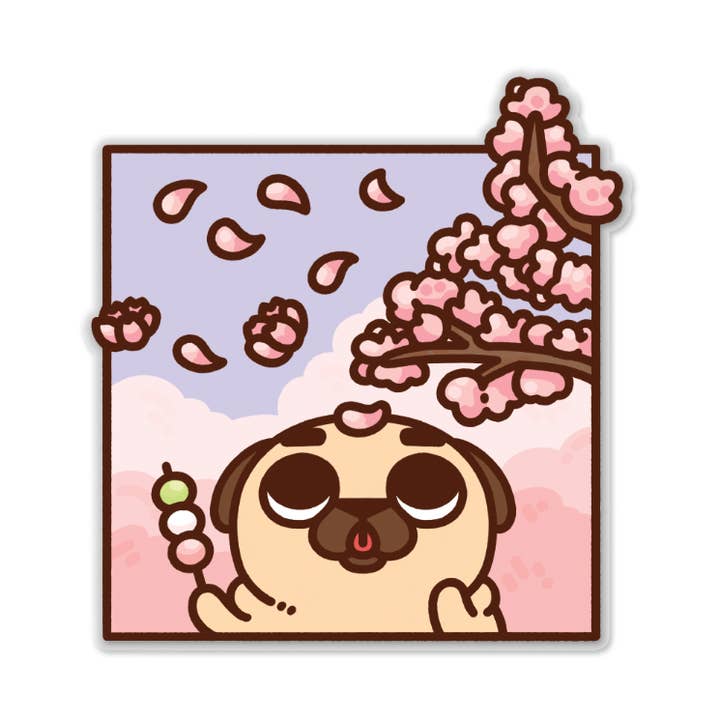 Cherry Blossom Festival Puglie Clear Sticker for wholesale by Puglie Pug Designs Inc.