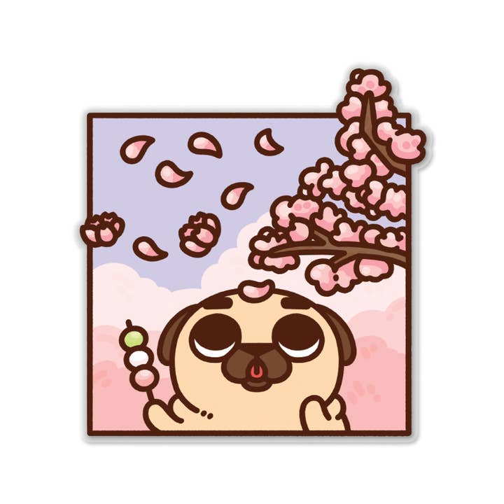 Cherry Blossom Festival Puglie Clear Sticker for wholesale by Puglie Pug Designs Inc.