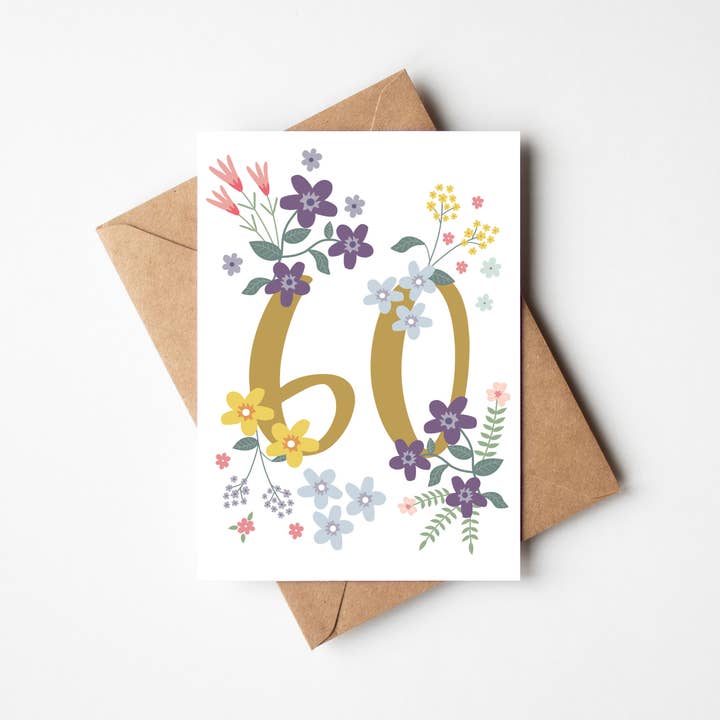 Biglietto pieghevole "60° compleanno fiori" per la vendita all'ingrosso da parte di mimie & joe