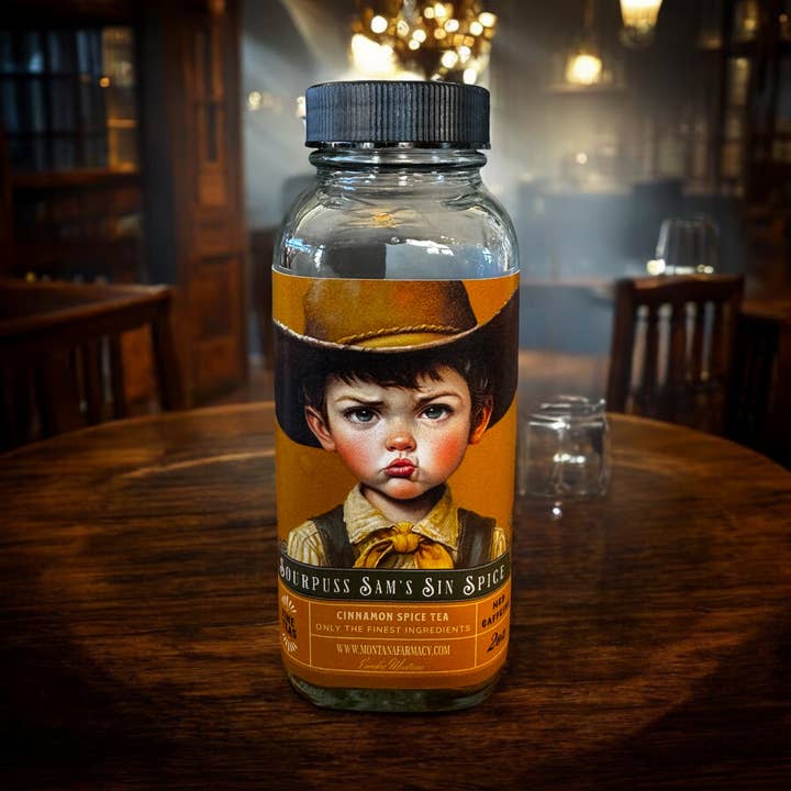 Montana Farmacy - Wholesale Loose Tea - Sourpuss Sam cowboy pouty Tea Cinnamon Spice IN glass jar