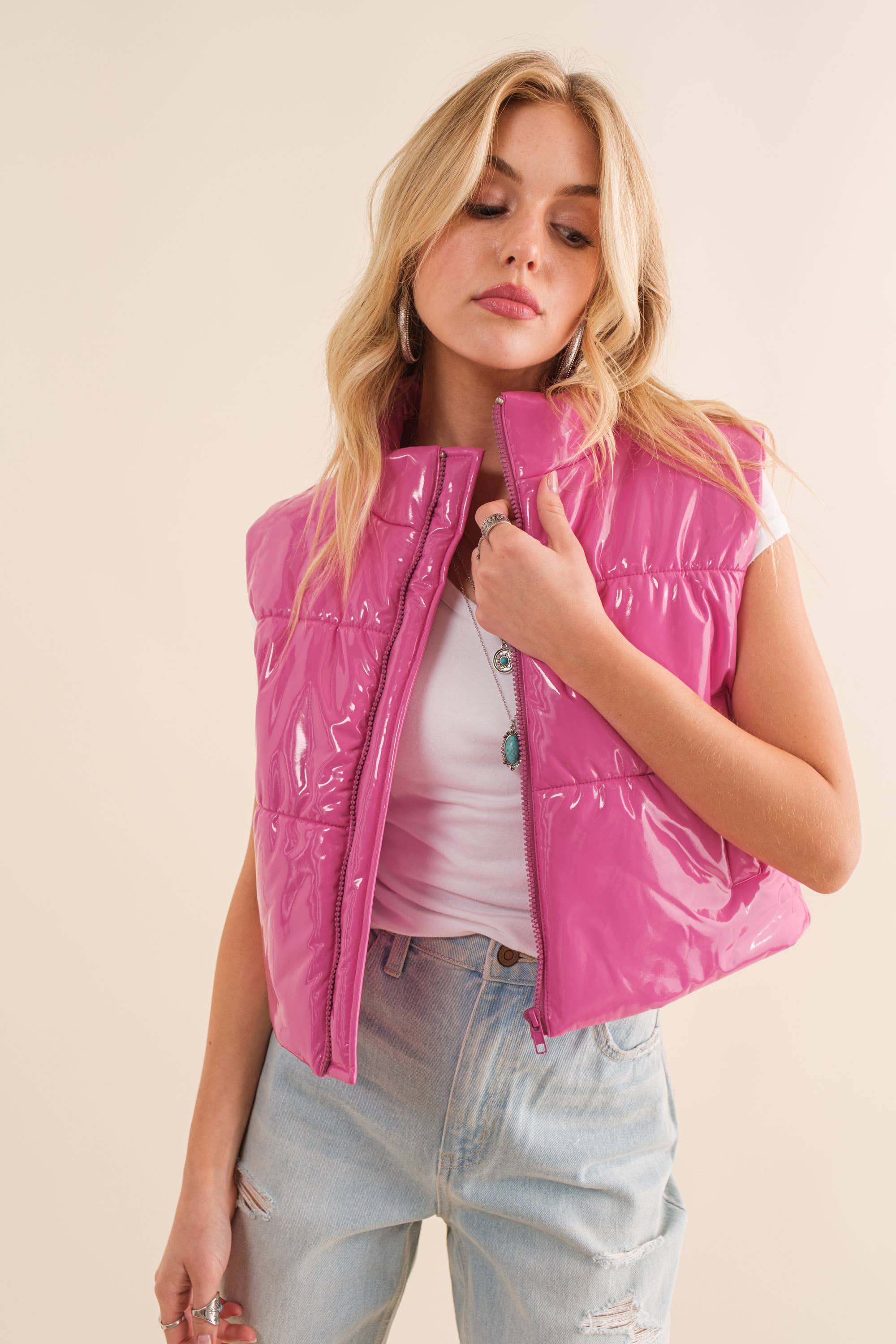 Blue B - Wholesale Outerwear Vest - Women's - 22656J - Gloss Shiny PU Quilted Puffer Zip Up Crop Vest6