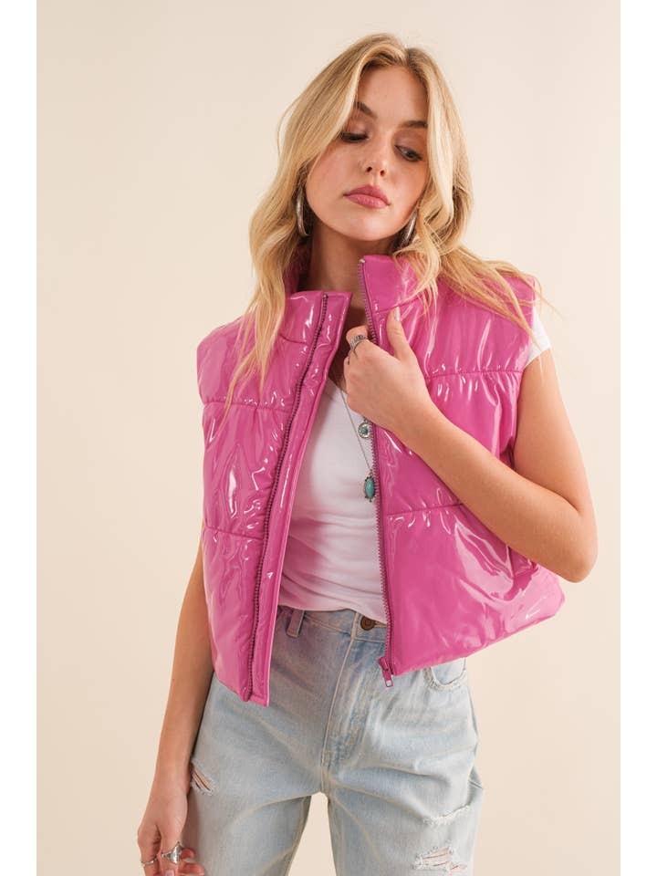 Blue B - Wholesale Outerwear Vest - Women's - 22656J - Gloss Shiny PU Quilted Puffer Zip Up Crop Vest6