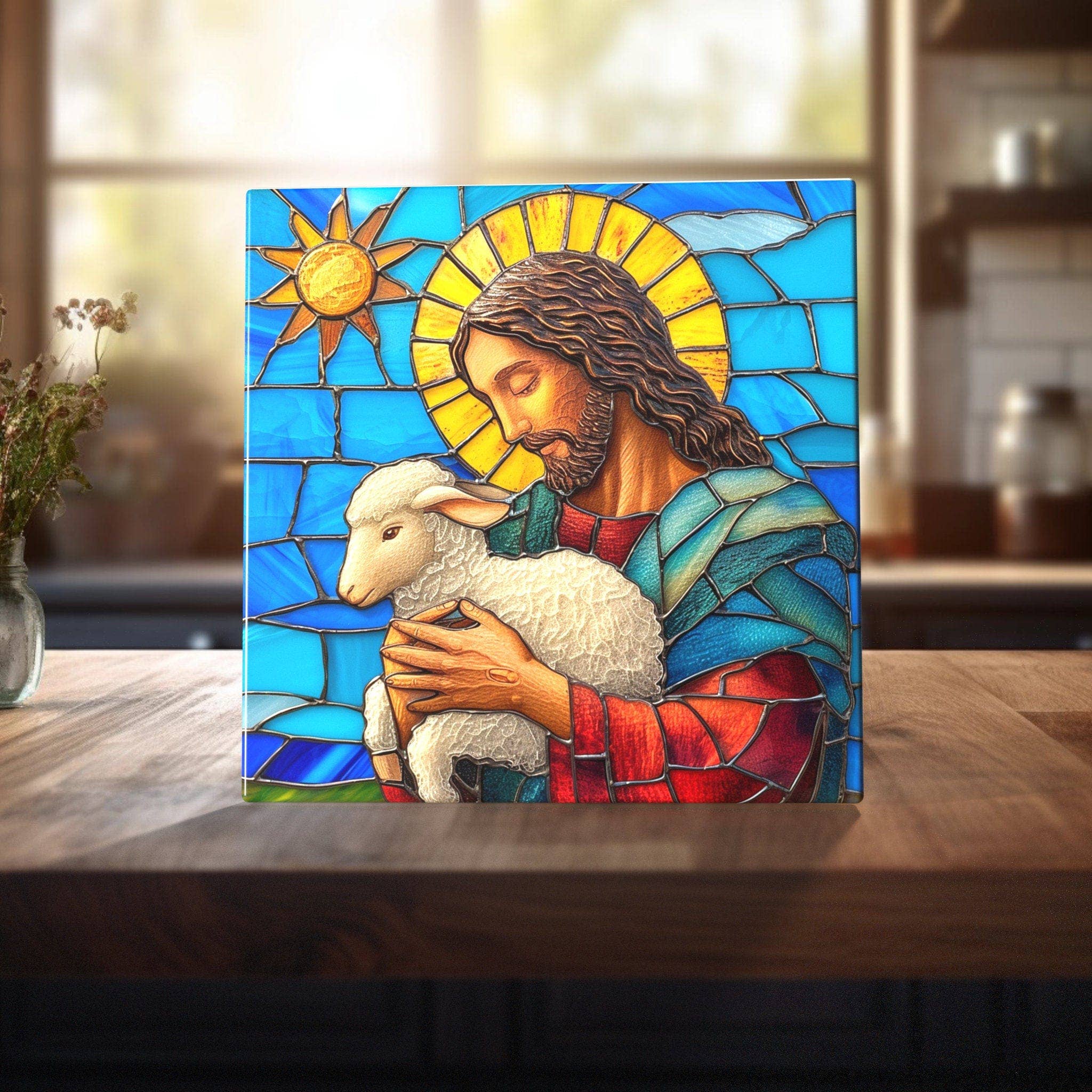 Peeping Tom's Cottage - Wholesale Wall Tile - Jesus - Embrace of Peace Stained Glass-Like Ceramic Tile - Serene Pastoral Art for Home
