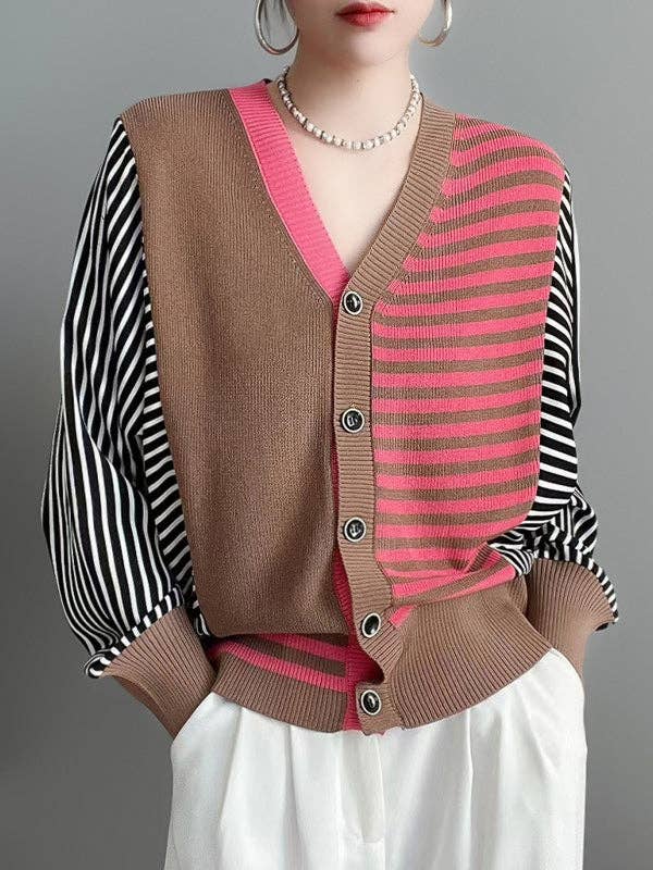 StyleGalX - Wholesale Cardigan - Women's - Long Sleeves Loose Buttoned Contrast Color Split-Joint Striped V-Neck Cardigan Tops Knitwear2