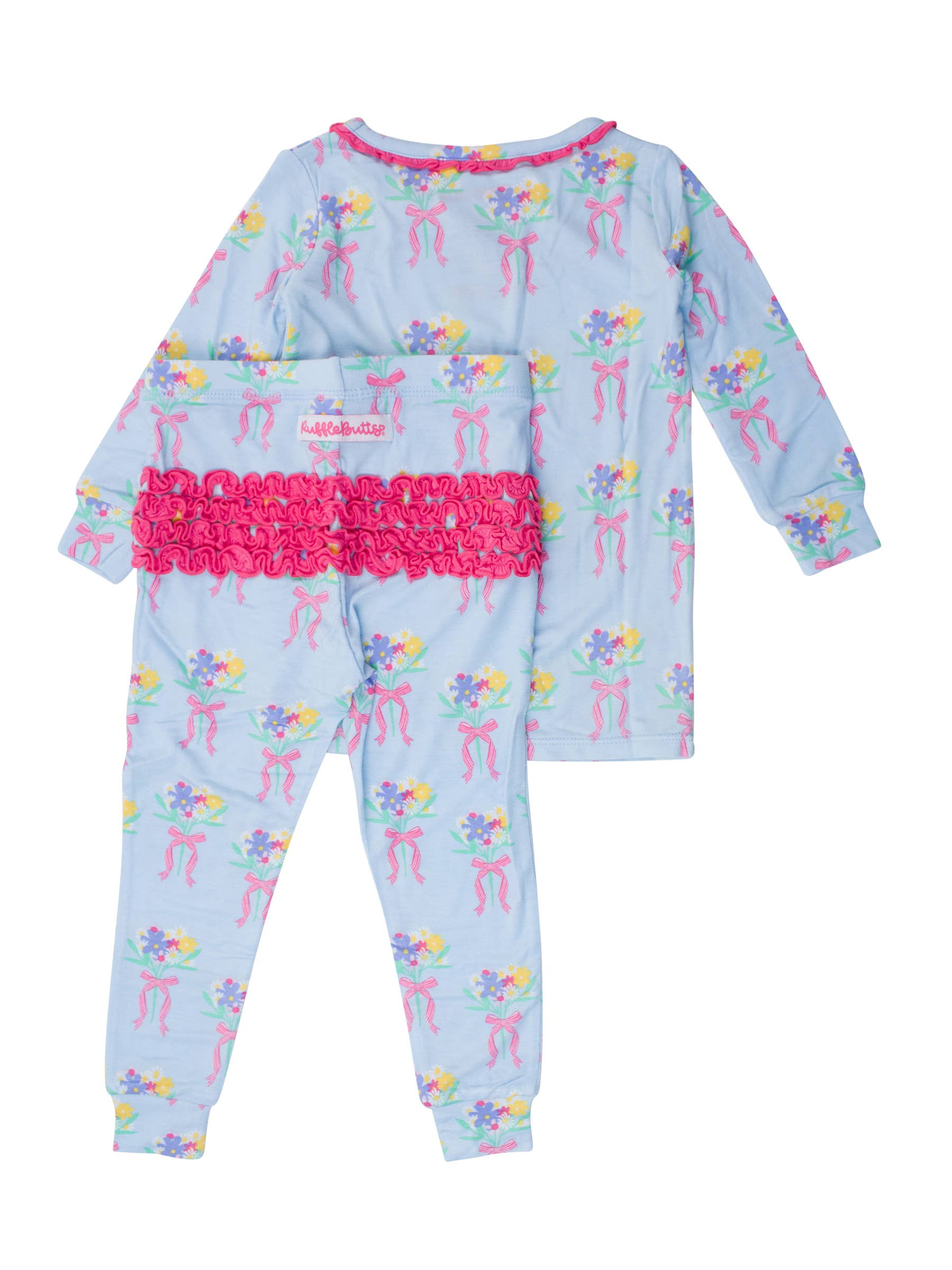 Blue SoftSnooze™ Toddler Girls Bamboo Viscose Bows and Bouquets Ruffle Long Sleeve Pajama Set with Signature Rear Ruffles for wholesale on Faire1