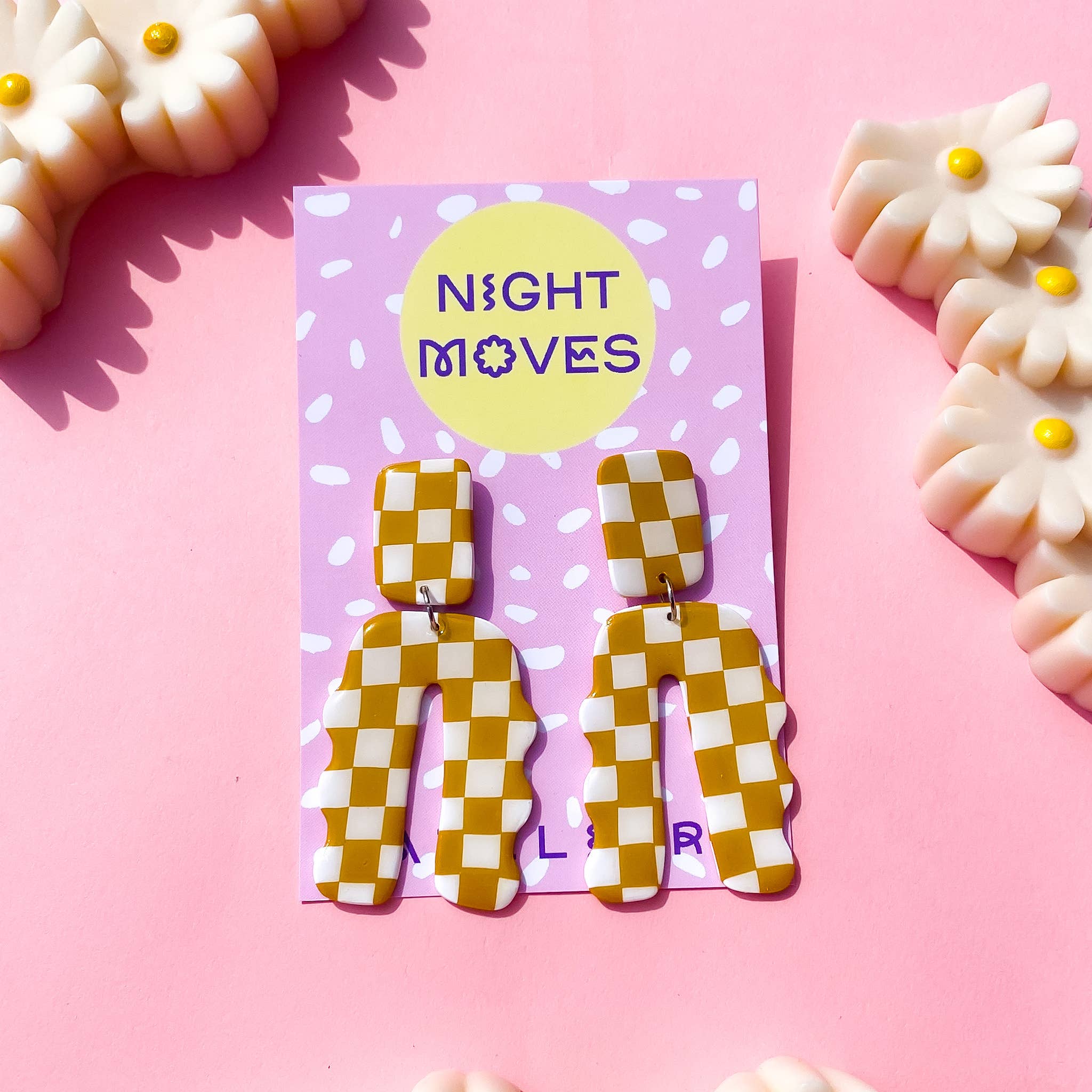 Night Moves Atelier - Wholesale Dangle Earrings - Polymer Clay Checker Gingham Dangle Earrings in Peanut1
