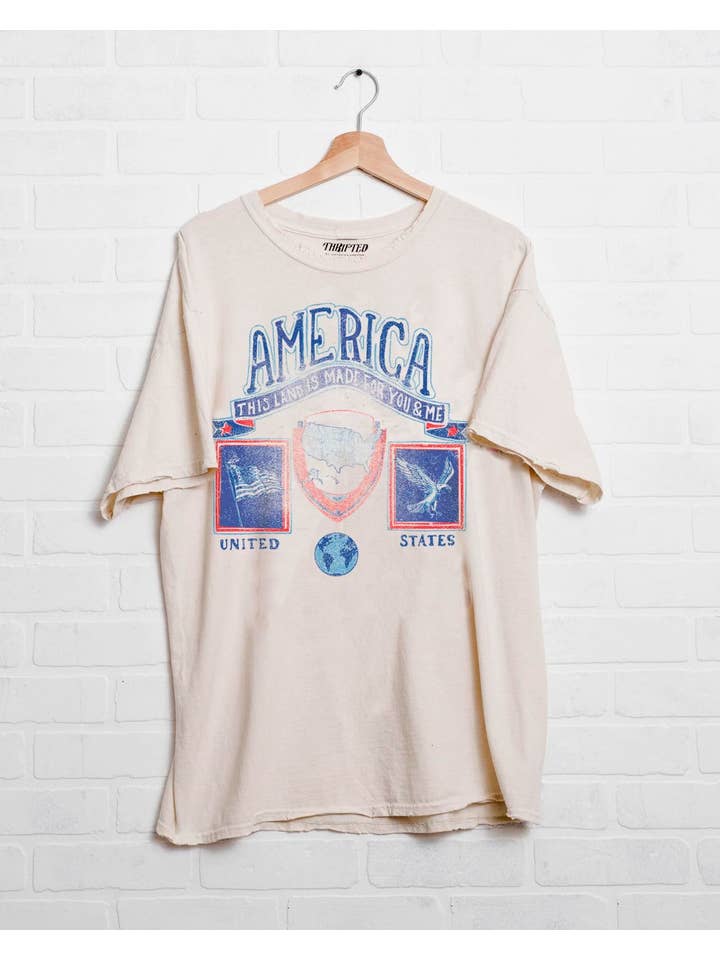 LivyLu - Wholesale Screen Printed T-Shirt - Unisex - 4th of July America Patch Off White Thrifted Graphic Tee