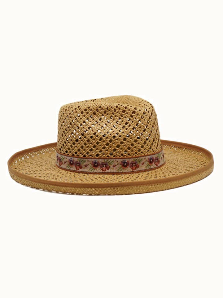 Floral Banded Straw Pencil Brim Rancher, Adjustable for wholesale by Olive & Pique