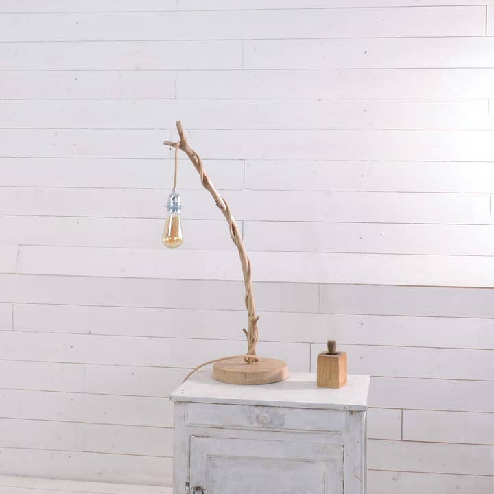 Wood table lamp, bedside branch lamp with expose cloth cord for wholesale by prairie studio