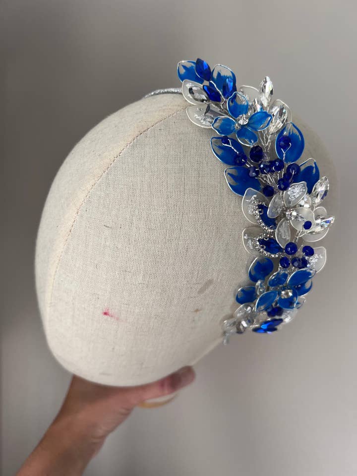 Blue and Silver side headpiece for wholesale by Preciuspearls