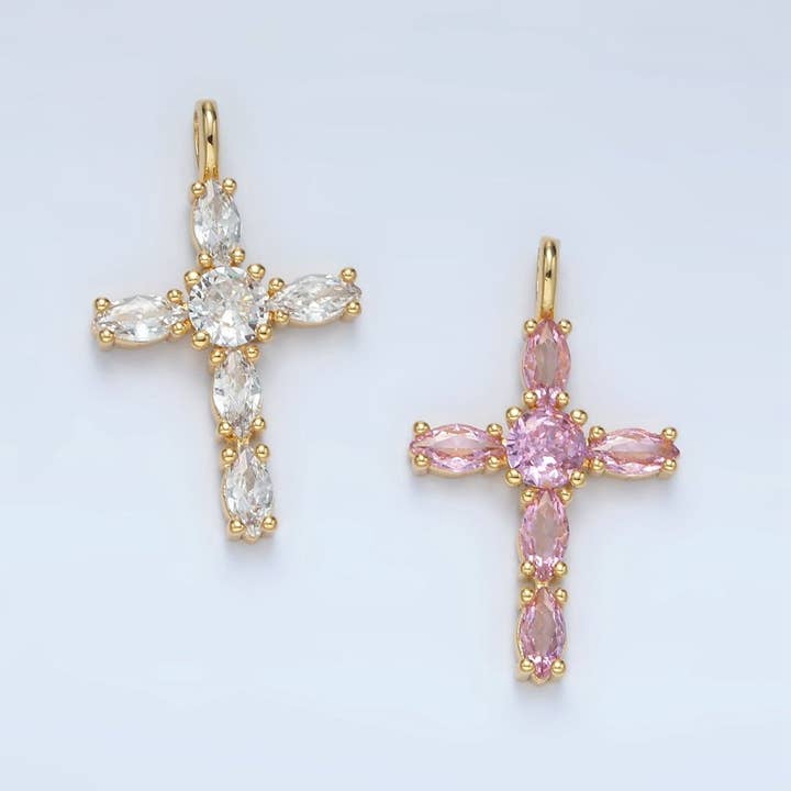 Aim Eternal - Wholesale Individual Charm/Pendant - 24K Gold Filled Pink, Clear Marquise CZ Cross Pendant | AA13674