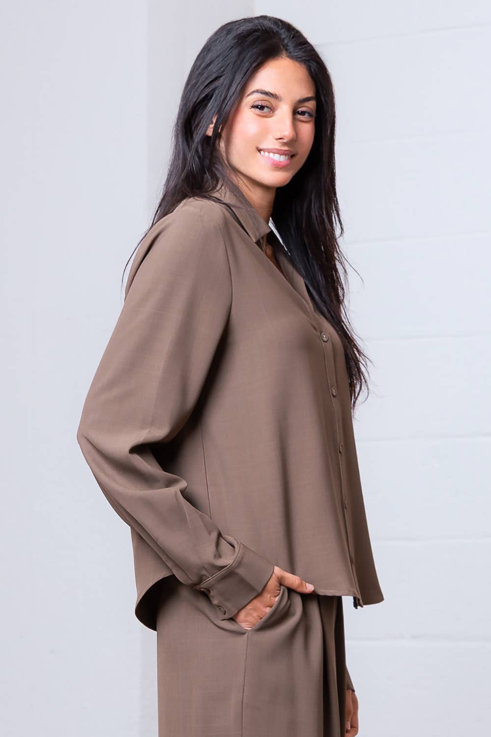 Taelynn - Wholesale Button Down Shirt - Women's - ST88298T-LONG SLEEVE BUTTON DOWN V-NECK SOLID SHIRT15