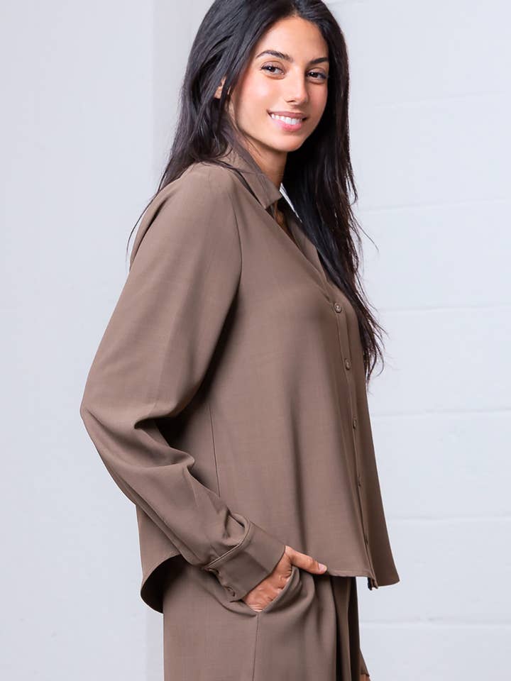 Taelynn - Wholesale Button Down Shirt - Women's - ST88298T-LONG SLEEVE BUTTON DOWN V-NECK SOLID SHIRT15