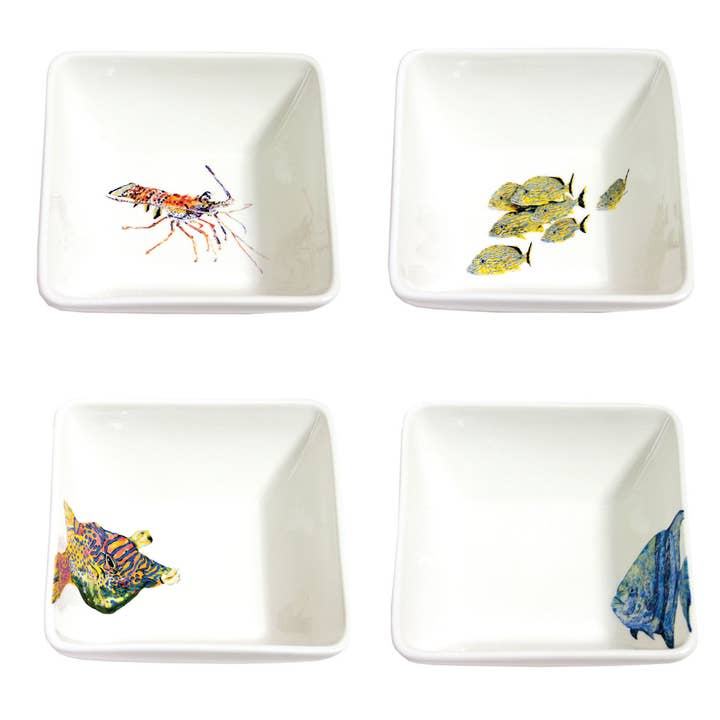 7" Four Sea Creature Square Bowl Set for wholesale by Kim Rody Creations LLC