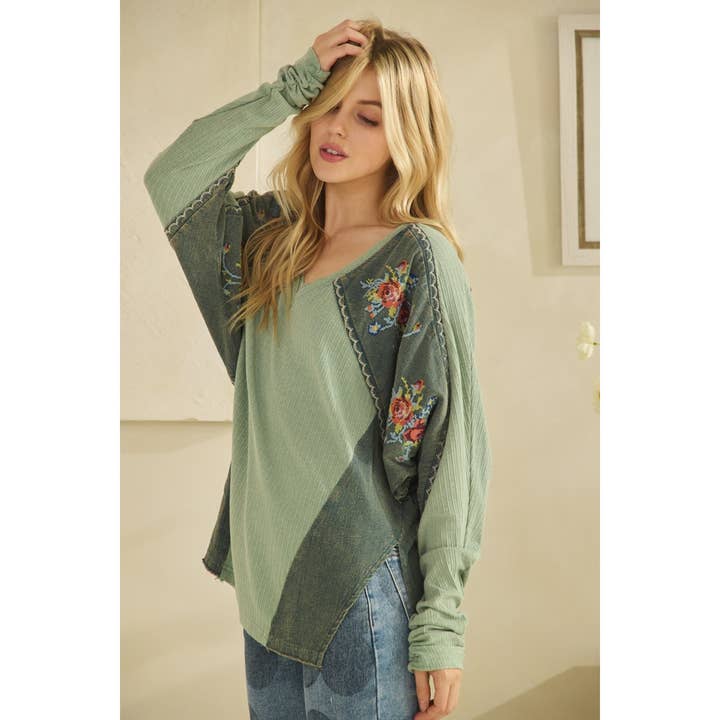 WASHED FABRIC FLORAL EMBROIDERY RUCHED SLEEVE TOP for wholesale by Oli&Hali