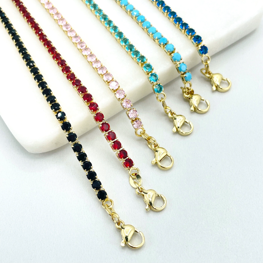 Luxus Accessories - Wholesale Link & Chain Necklace - 18k Gold Filled 3mm Cubic Zirconia Tennis Chain Necklace, Black, Red, Pink, Turquoise or Blue Rhinestone, 18 Inches with 4.5 inches Exntender, Wholesale8