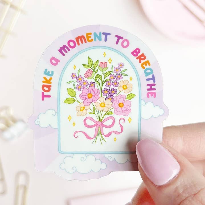 Take A Moment To Breathe Cute Self-Care Waterproof Sticker for wholesale by The Rosy Redhead